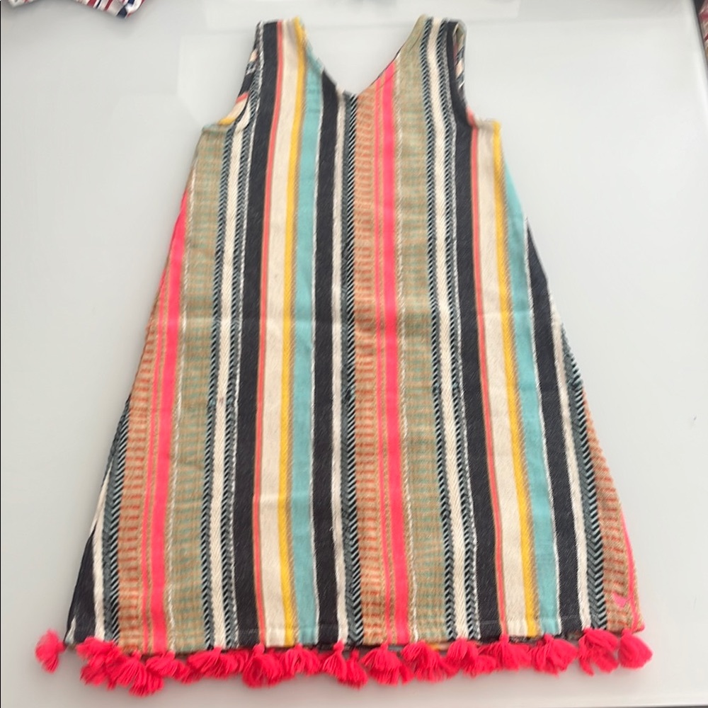 Pink Chicken Colorful Striped Kids Dress with Tassels